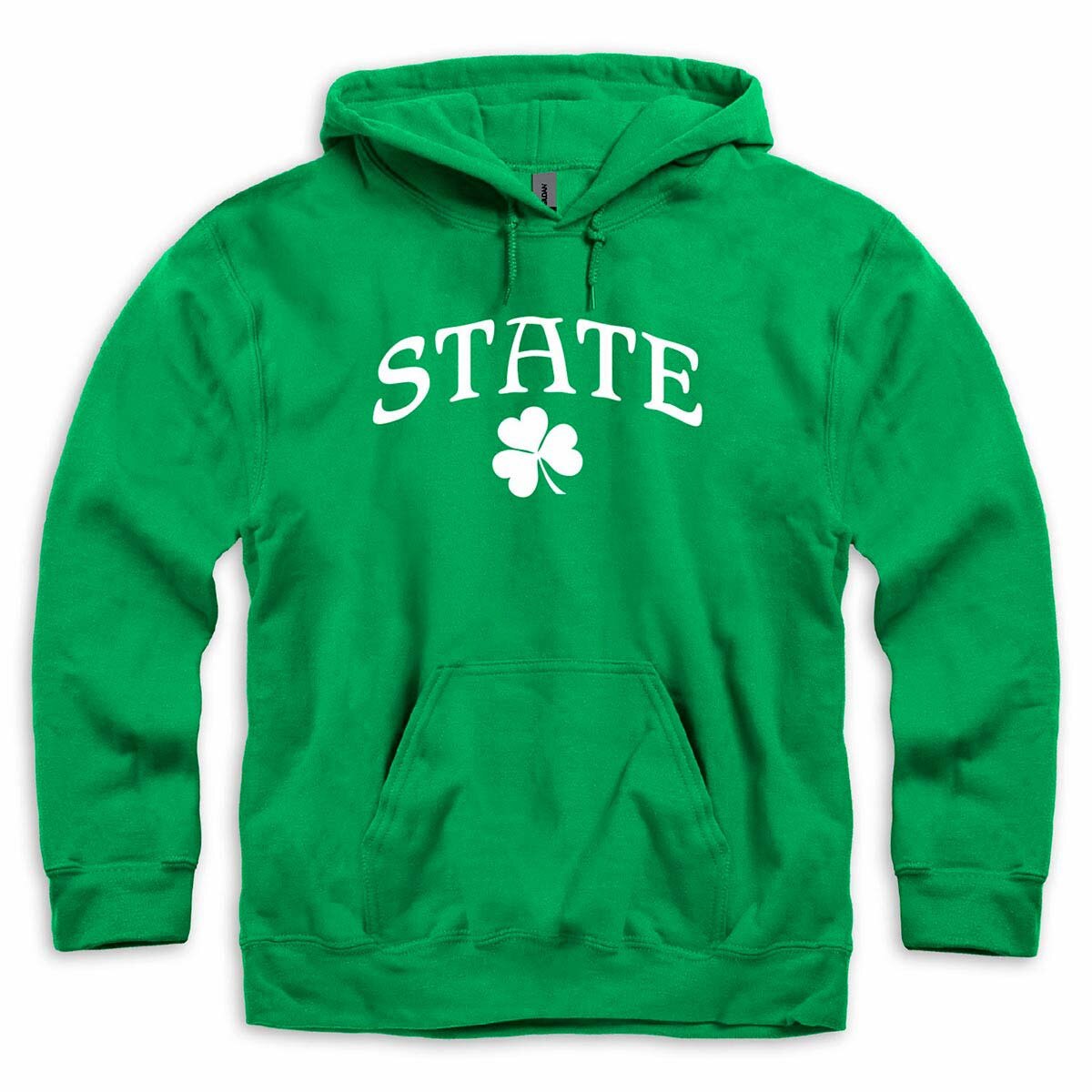 Kelly green hooded sweatshirt with State arched over shamrock